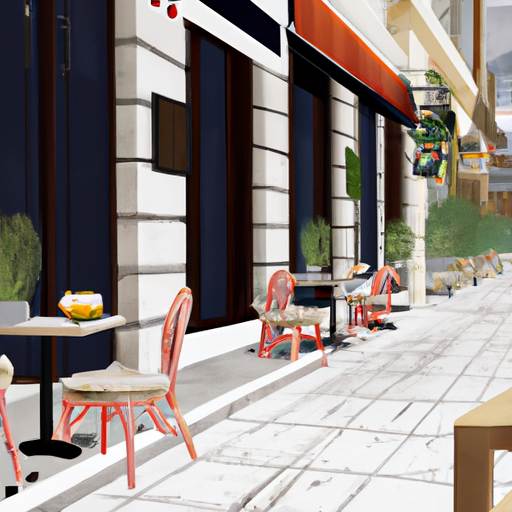נוף רחוב של מסעדה עם מקומות ישיבה בחוץ