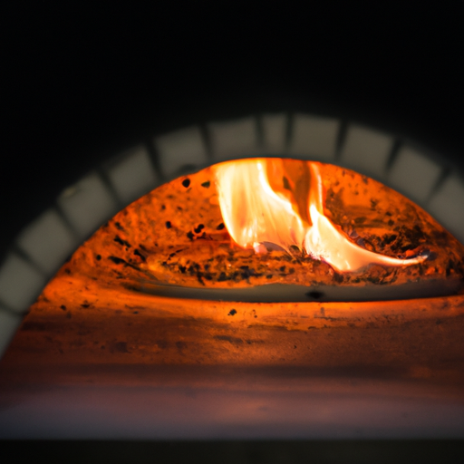1. תמונה של תנור לבנים מסורתי ובתוכו פיצה, להבות רוקדות סביבו.
