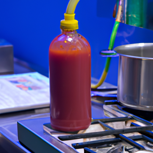 בקבוק לחץ מלא ברוטב תוסס ואדום בשימוש במטבח מוסדי עמוס